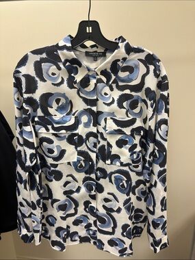 Lafayette 148 New York Blue and White Abstract Floral Button-Down Shirt